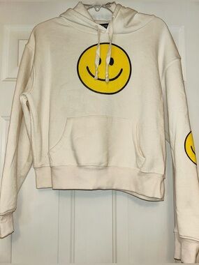 Vinyl Icons Smiley Face Hoodie L White Casual Crop Lounge Streetwear Happy